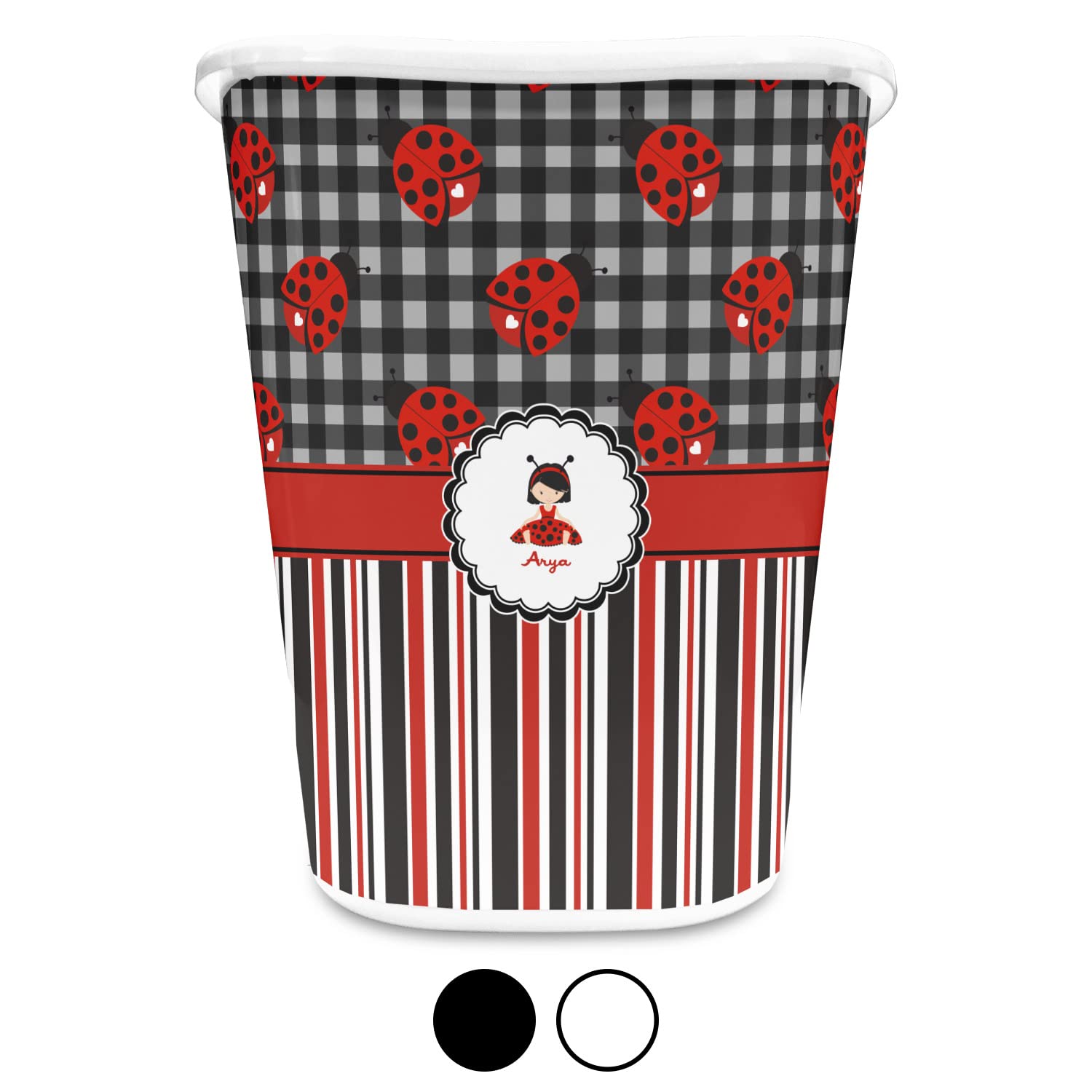 YouCustomizeIt Personalized Ladybugs & Stripes Waste Basket - Single Sided (White)