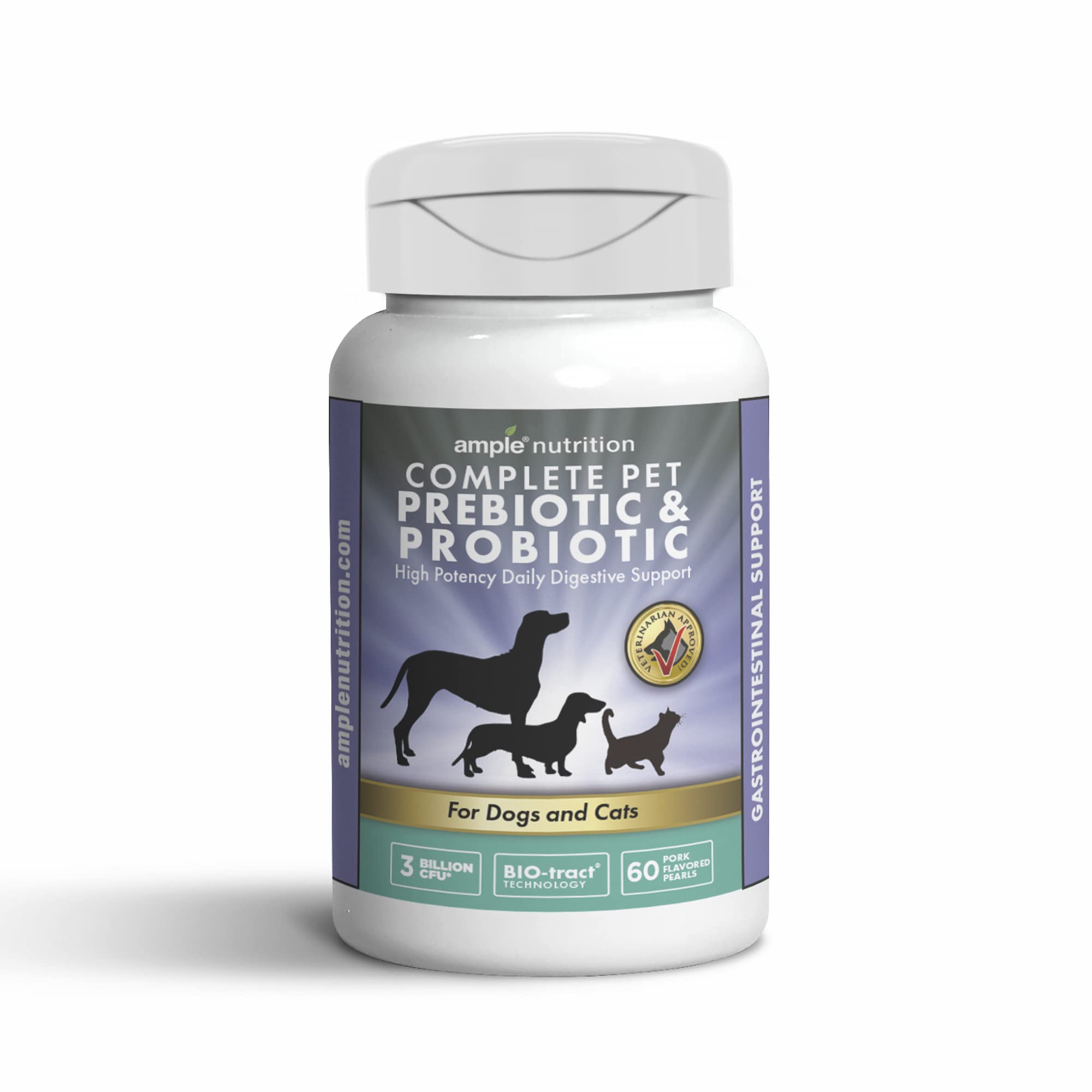 Ample Nutrition Complete Pet Prebiotic + Probiotic for Dogs & Cats, 60ct Pork Flavored Pearls