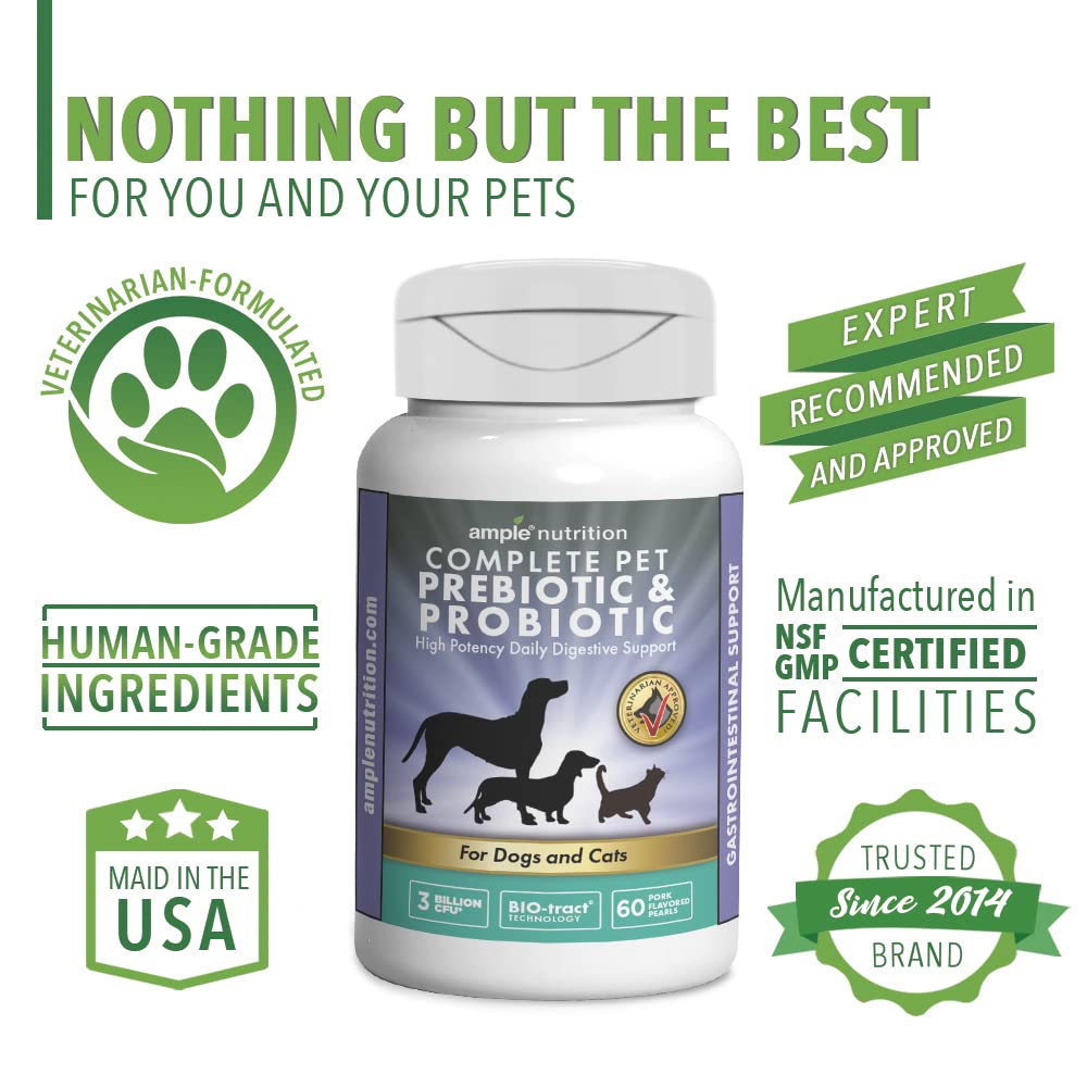 Ample Nutrition Complete Pet Prebiotic + Probiotic for Dogs & Cats, 60ct Pork Flavored Pearls