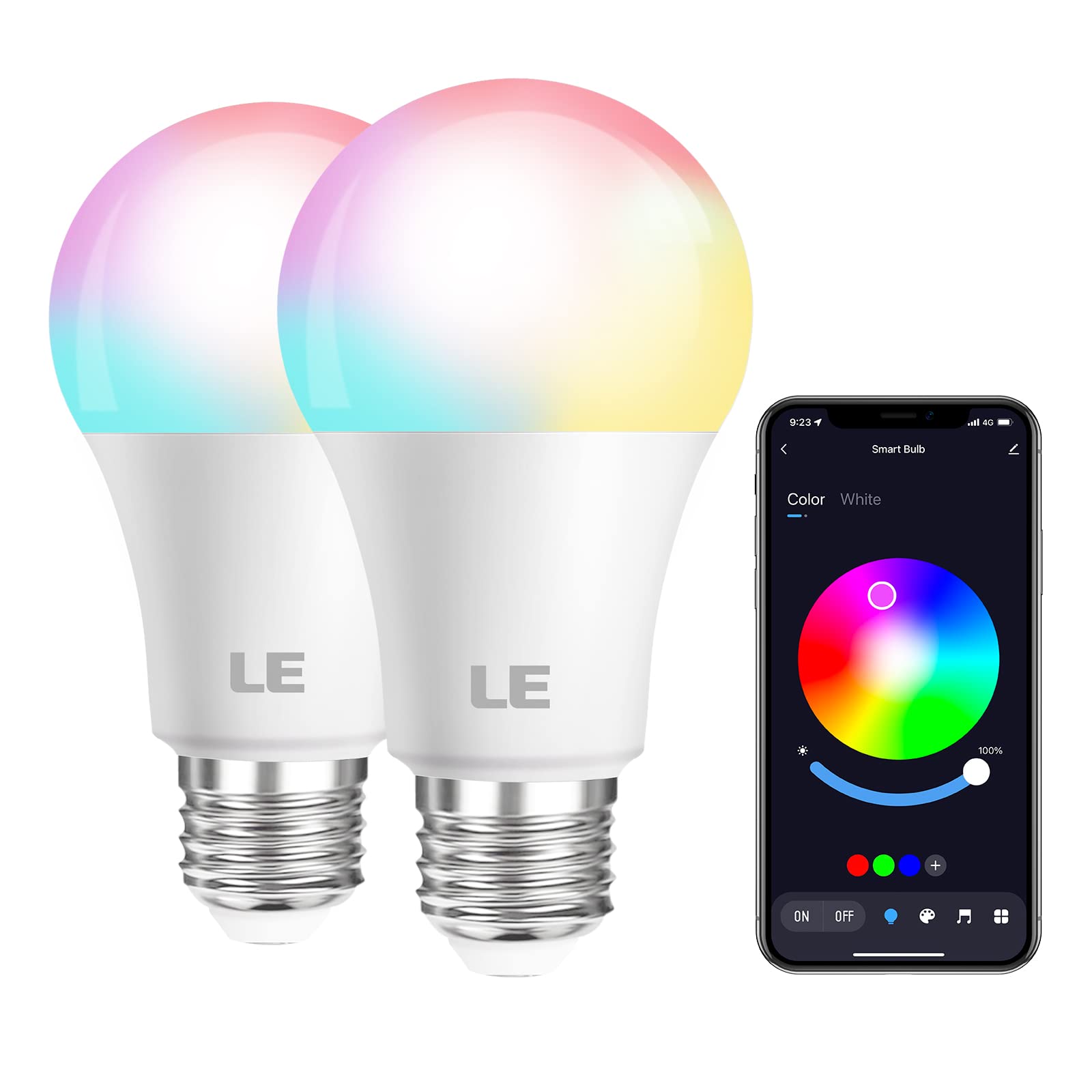 LE Color Changing Light Bulbs, Bluetooth Smart LED Bulb, Dimmable via App, 60 Watt Equivalent, 2700K-6500K Tunable White, A19 E26 RGB Bulb for Bedroom Home Party and More, 2 Pack