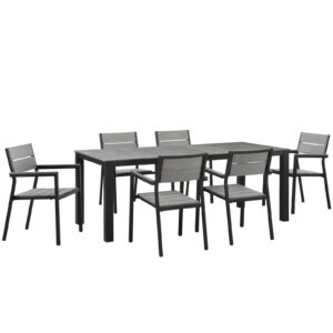 lm modway maine 7-piece aluminum dining table and chair outdoor patio set in brown gray