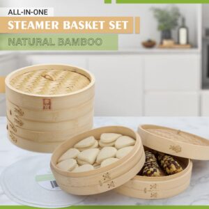 Zoie + Chloe Bamboo Steamer Basket - 2-Tier Dumpling Steamer for Cooking with 2 Reusable Cotton Liners for Bao, Dim Sum, Veggies, Asian Steamed Buns -Stackable, Space-Efficient - 10-Inch Steam Basket