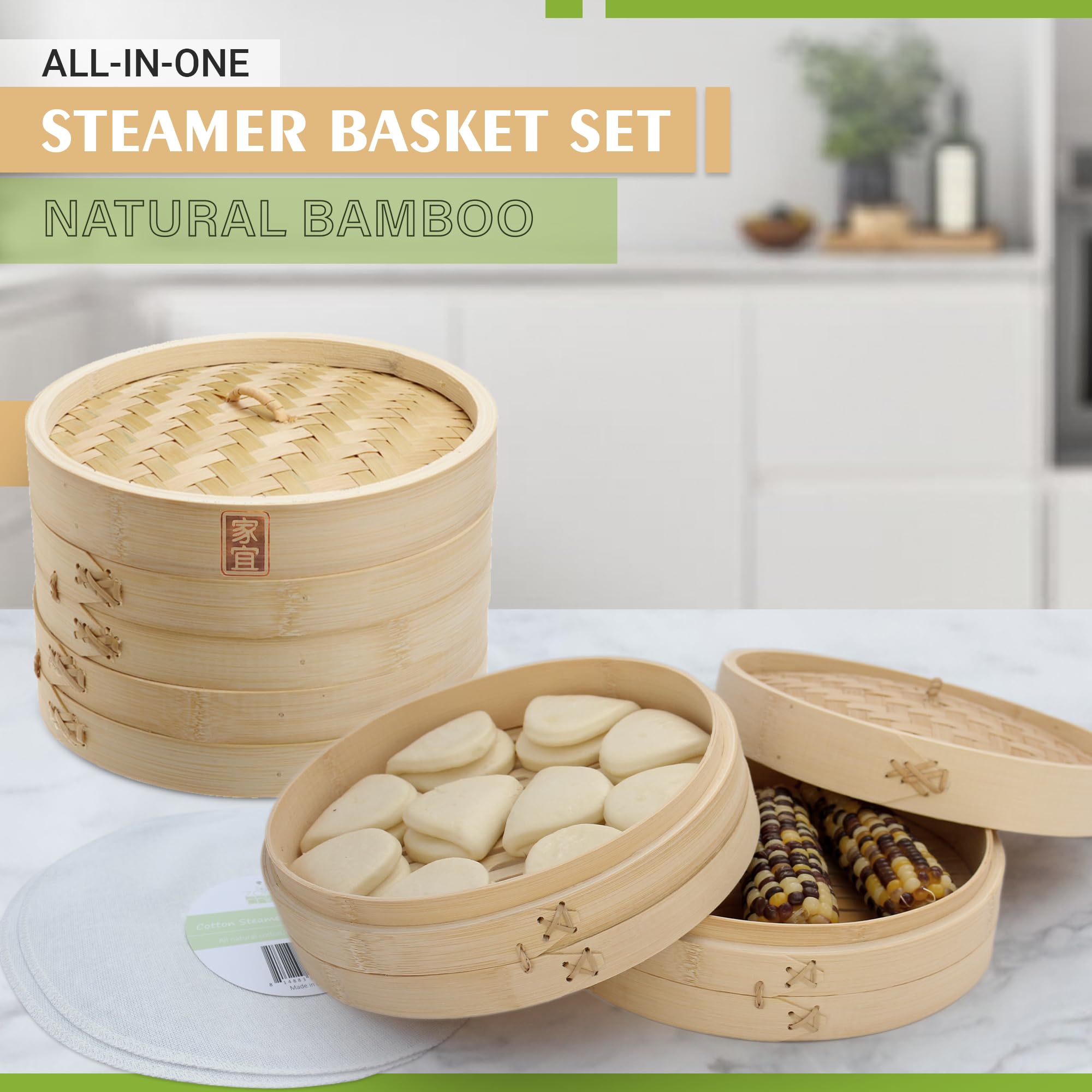 Zoie + Chloe Bamboo Steamer Basket - 2-Tier Dumpling Steamer for Cooking with 2 Reusable Cotton Liners for Bao, Dim Sum, Veggies, Asian Steamed Buns -Stackable, Space-Efficient - 10-Inch Steam Basket