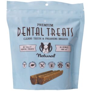 natural dog company premium dog dental chews, natural dental sticks to clean teeth and freshen breath, helps control plaque and tartar treats for all breeds and sizes, made in usa, 18 count