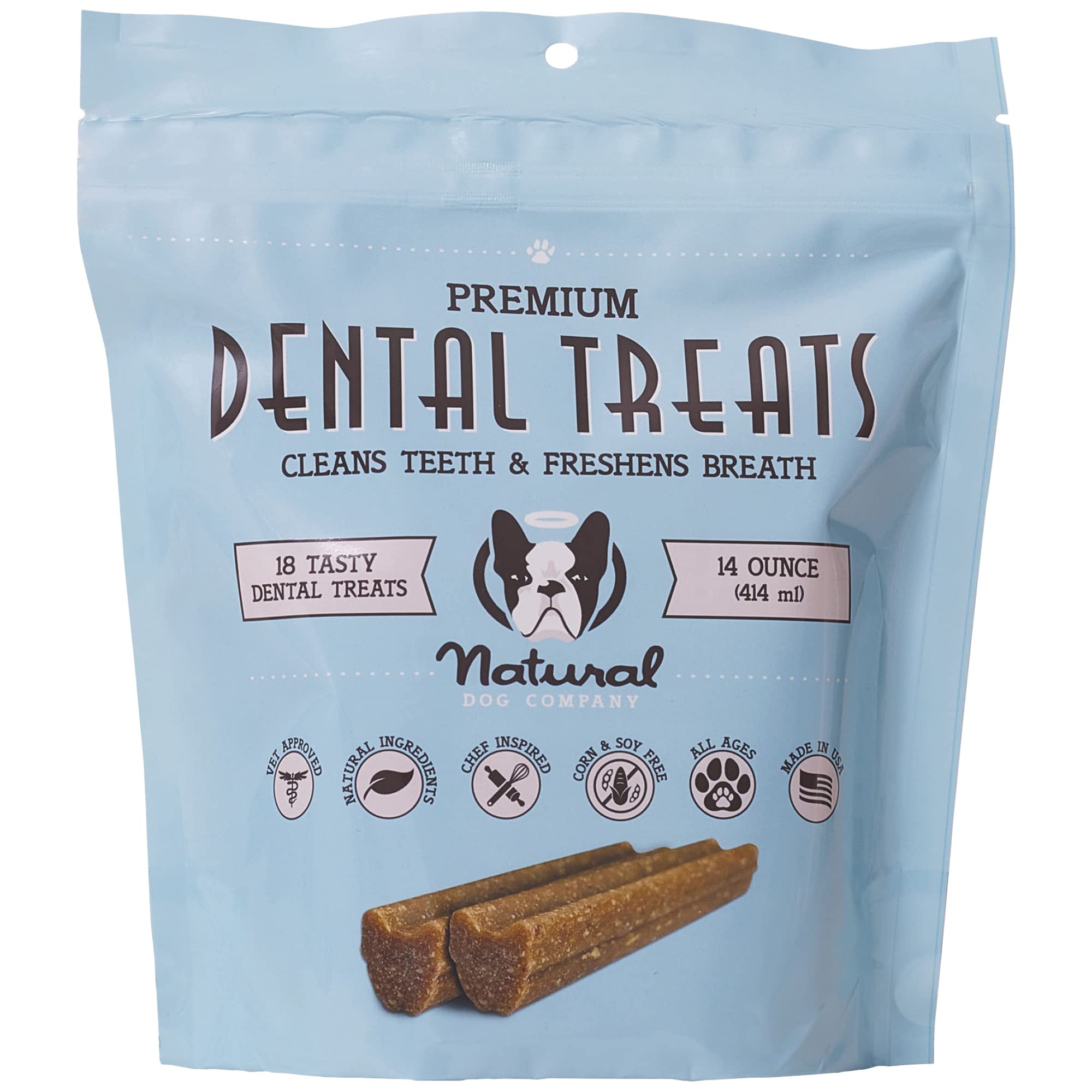 Natural Dog Company Premium Dog Dental Chews, Natural Dental Sticks to Clean Teeth and Freshen Breath, Helps Control Plaque and Tartar Treats for All Breeds and Sizes, Made in USA, 18 Count