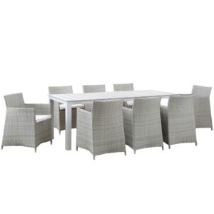 modway junction wicker rattan 9-piece outdoor patio dining set with 80" dining table and eight dining armchairs with cushions in gray white