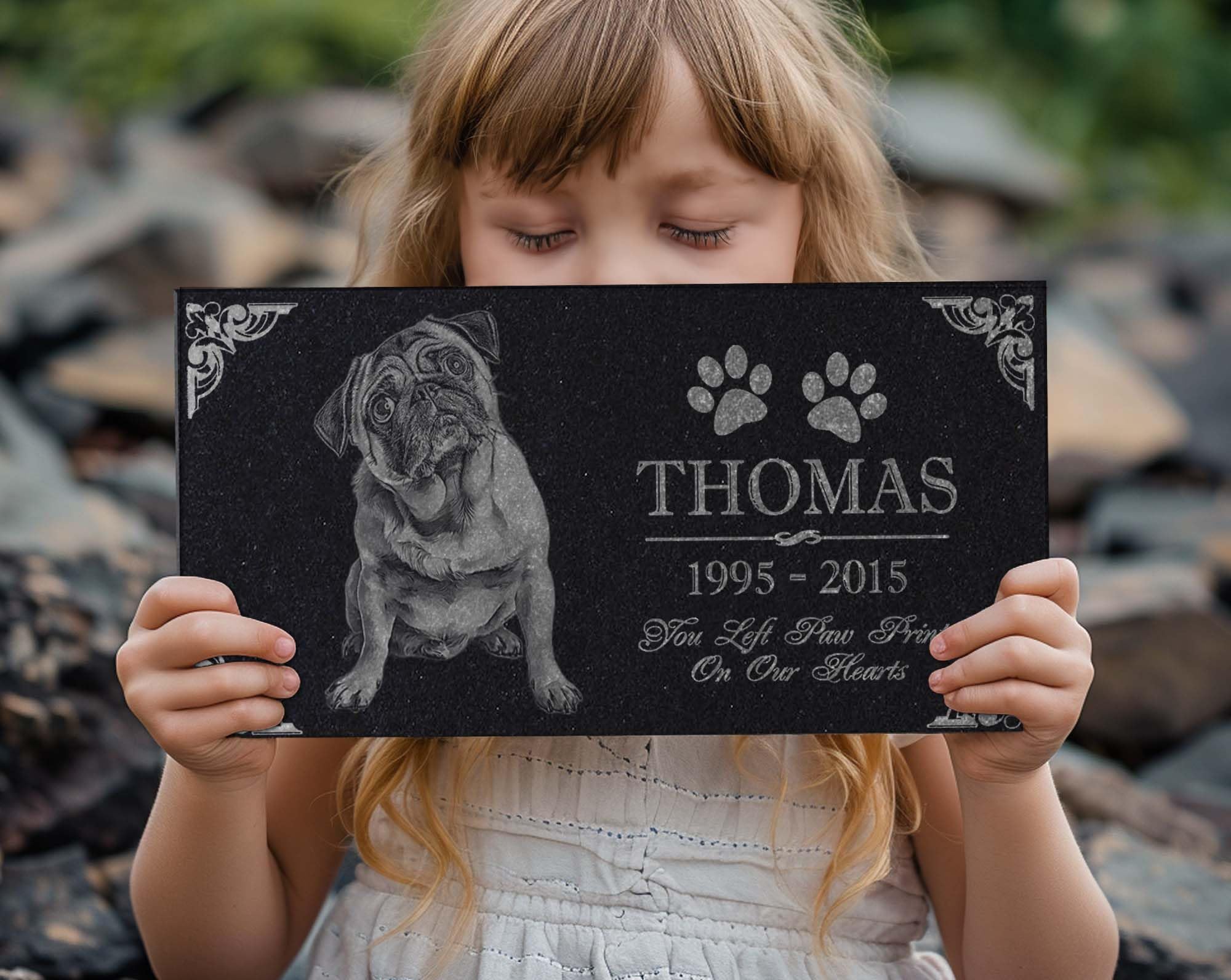 You Left Paw Prints on Our Hearts Pet Memorial Stones Personalized Headstone Grave Marker Absolute Black Granite Garden Plaque Engraved with Dog Cat Name Dates