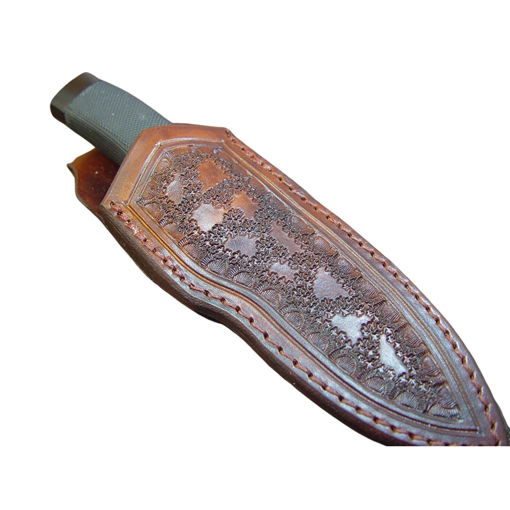 by Carl Thomas Jr. Custom Leather Knife Sheath That Fits a Buck 692 Vanguard or Zipper. Tooled and Dyed Dark Brown.