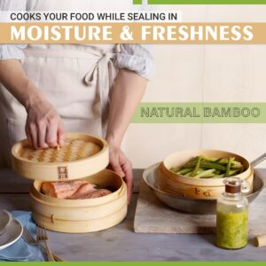 Zoie + Chloe Bamboo Steamer Basket - 2-Tier Dumpling Steamer for Cooking with 2 Reusable Cotton Liners for Bao, Dim Sum, Veggies, Asian Steamed Buns -Stackable, Space-Efficient - 10-Inch Steam Basket