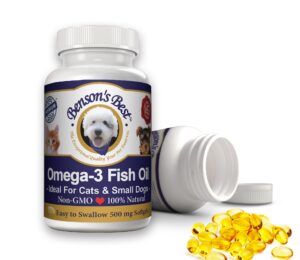 benson's best omega 3 fish oil for cats & small dogs - 200 softgels 500mg - 43% more omega 3 fatty acids than salmon oil - 100% pure, non-gmo, natural pet food dog fish oil supplements