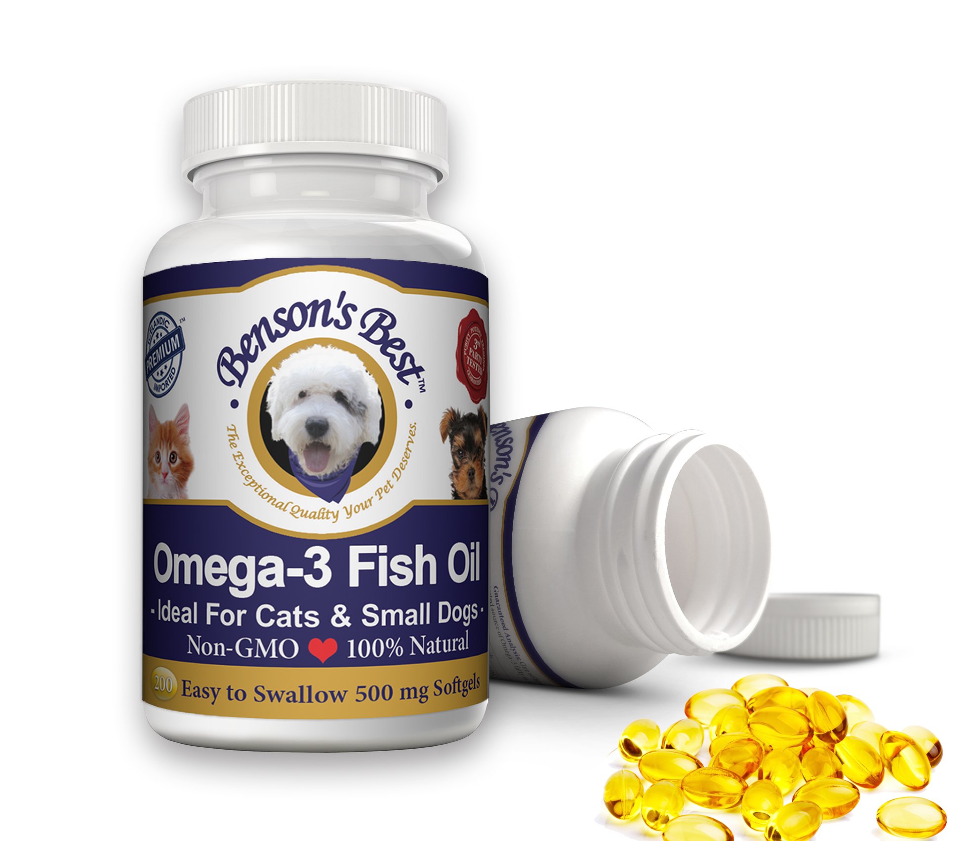 Benson's Best Omega 3 Fish Oil for Cats & Small Dogs - 200 Softgels 500mg - 43% More Omega 3 Fatty Acids Than Salmon Oil - 100% Pure, Non-GMO, Natural Pet Food Dog Fish Oil Supplements