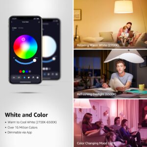 LE Color Changing Light Bulbs, Bluetooth Smart LED Bulb, Dimmable via App, 60 Watt Equivalent, 2700K-6500K Tunable White, A19 E26 RGB Bulb for Bedroom Home Party and More, 2 Pack