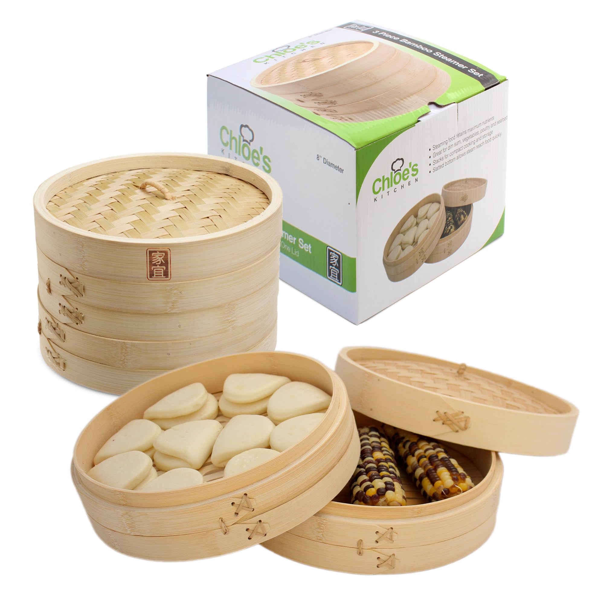 Zoie + Chloe Bamboo Steamer Basket - 2-Tier Dumpling Steamer for Cooking with 2 Reusable Cotton Liners for Bao, Dim Sum, Veggies, Asian Steamed Buns -Stackable, Space-Efficient - 10-Inch Steam Basket