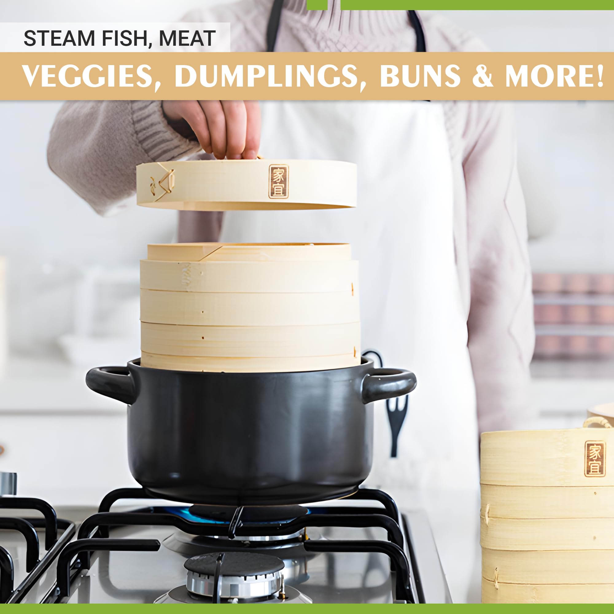 Zoie + Chloe Bamboo Steamer Basket - 2-Tier Dumpling Steamer for Cooking with 2 Reusable Cotton Liners for Bao, Dim Sum, Veggies, Asian Steamed Buns -Stackable, Space-Efficient - 10-Inch Steam Basket