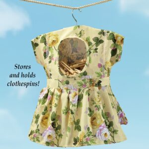 Collections Etc Whimsical Floral Print Dress Hanging Clothespin Bag, Use for Indoor or Outdoor Laundry Drying, Beige