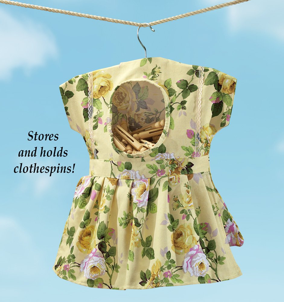 Collections Etc Whimsical Floral Print Dress Hanging Clothespin Bag, Use for Indoor or Outdoor Laundry Drying, Beige