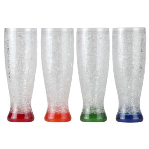 lily's home freezer beer mugs, double wall, insulated with liquid gel plastic freezable glasses, 16 oz glass for freezer, chiller frosty cup, frozen ice freezy mug, freezer cups. pilsner. set of 4