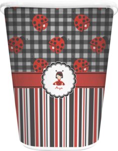 youcustomizeit personalized ladybugs & stripes waste basket - single sided (white)