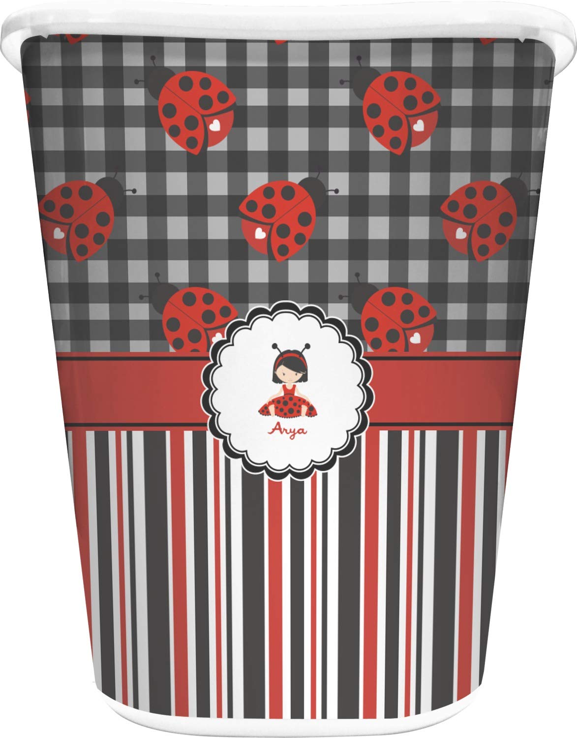 YouCustomizeIt Personalized Ladybugs & Stripes Waste Basket - Single Sided (White)