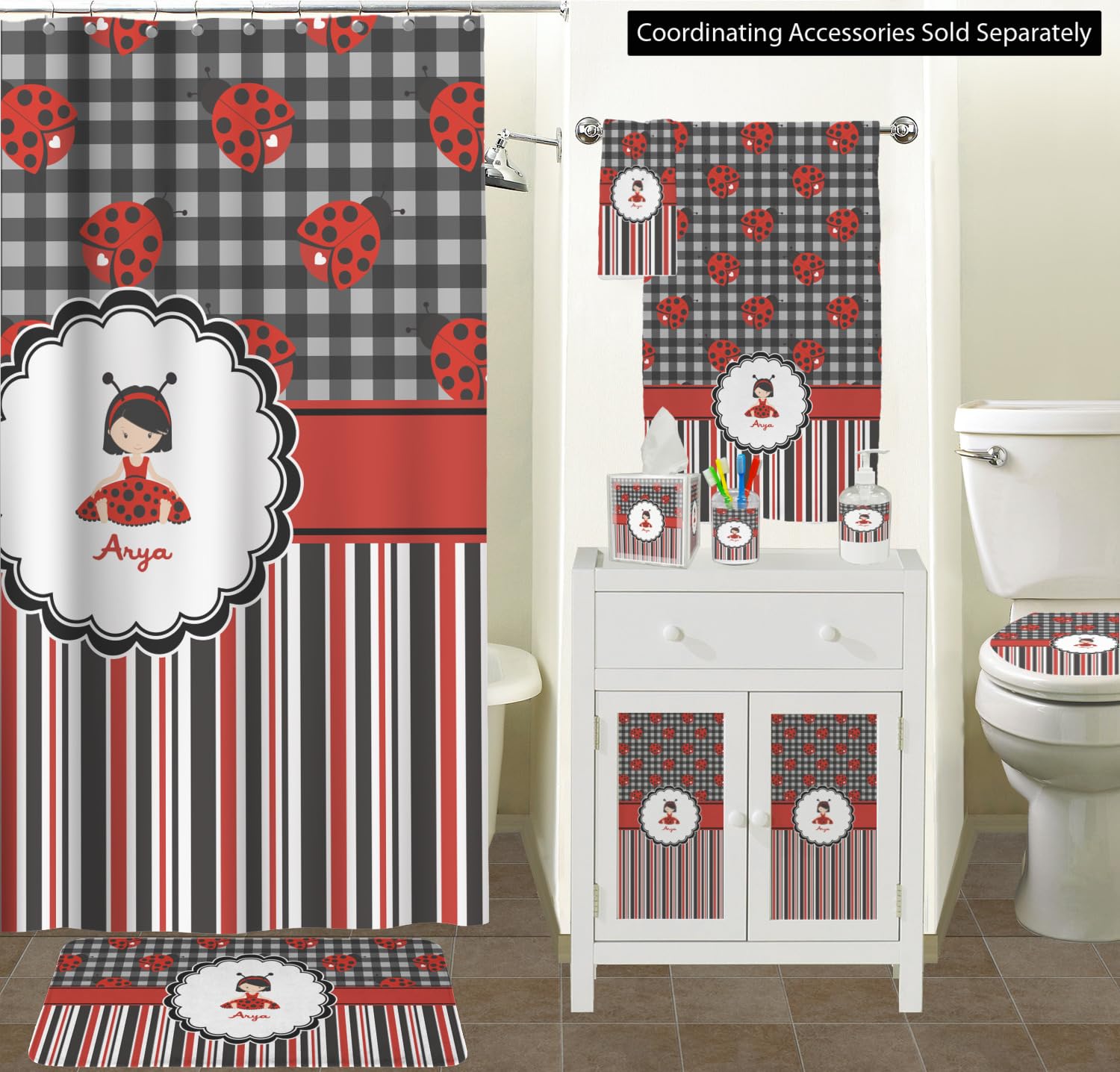 YouCustomizeIt Personalized Ladybugs & Stripes Waste Basket - Single Sided (White)