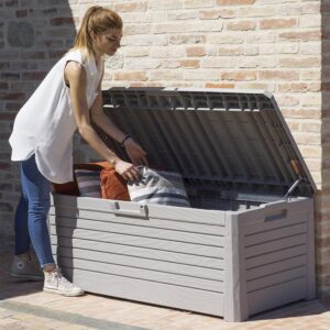 Toomax Florida 145 Gallon Lockable Deck Storage Box Bench for Outdoor Pool Patio Garden Furniture or Indoor Toy Bin Container, Warm Grey