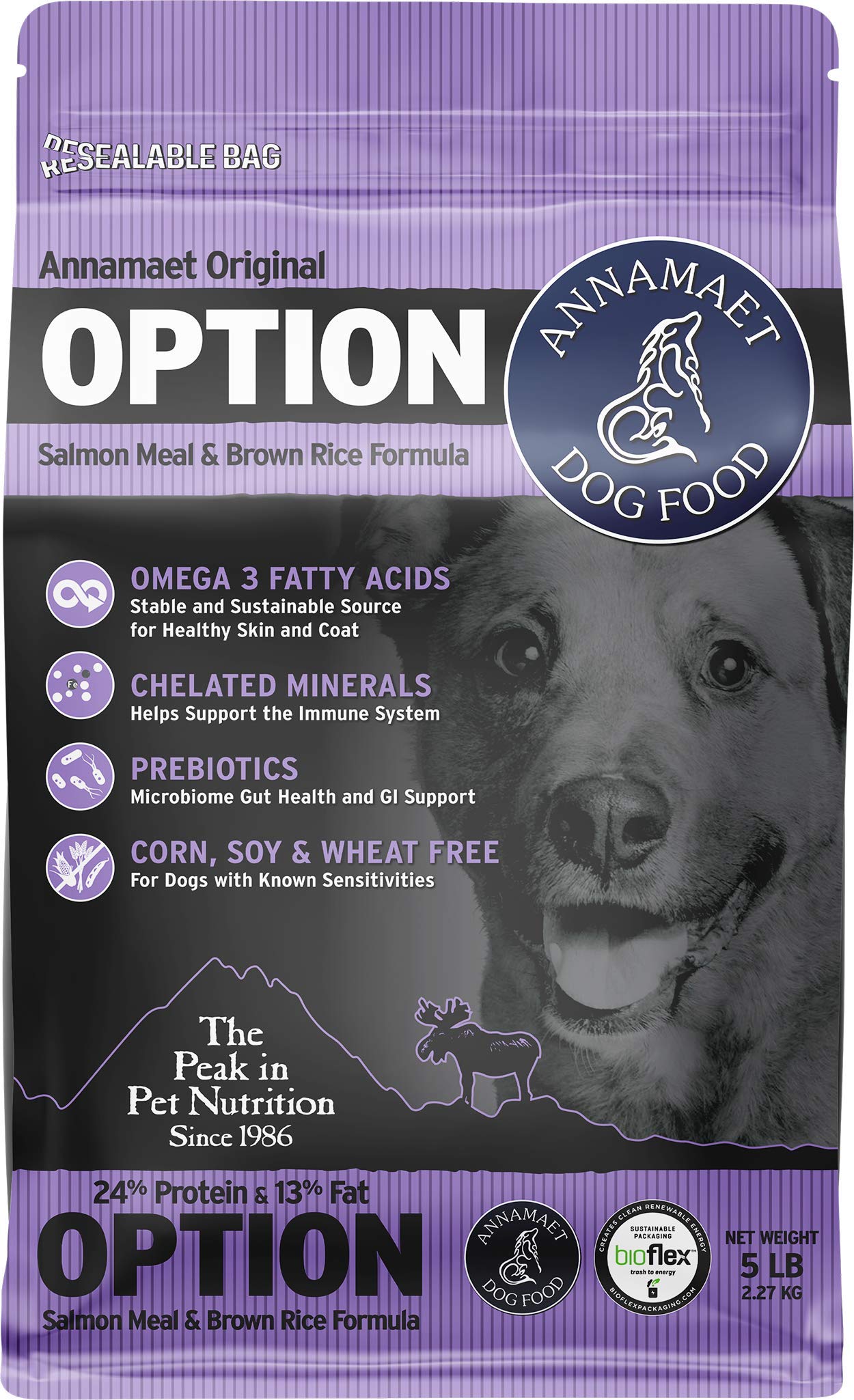 Annamaet Original Option Formula Dry Dog Food, 24% Protein (Salmon & Brown Rice), 5-lb Bag