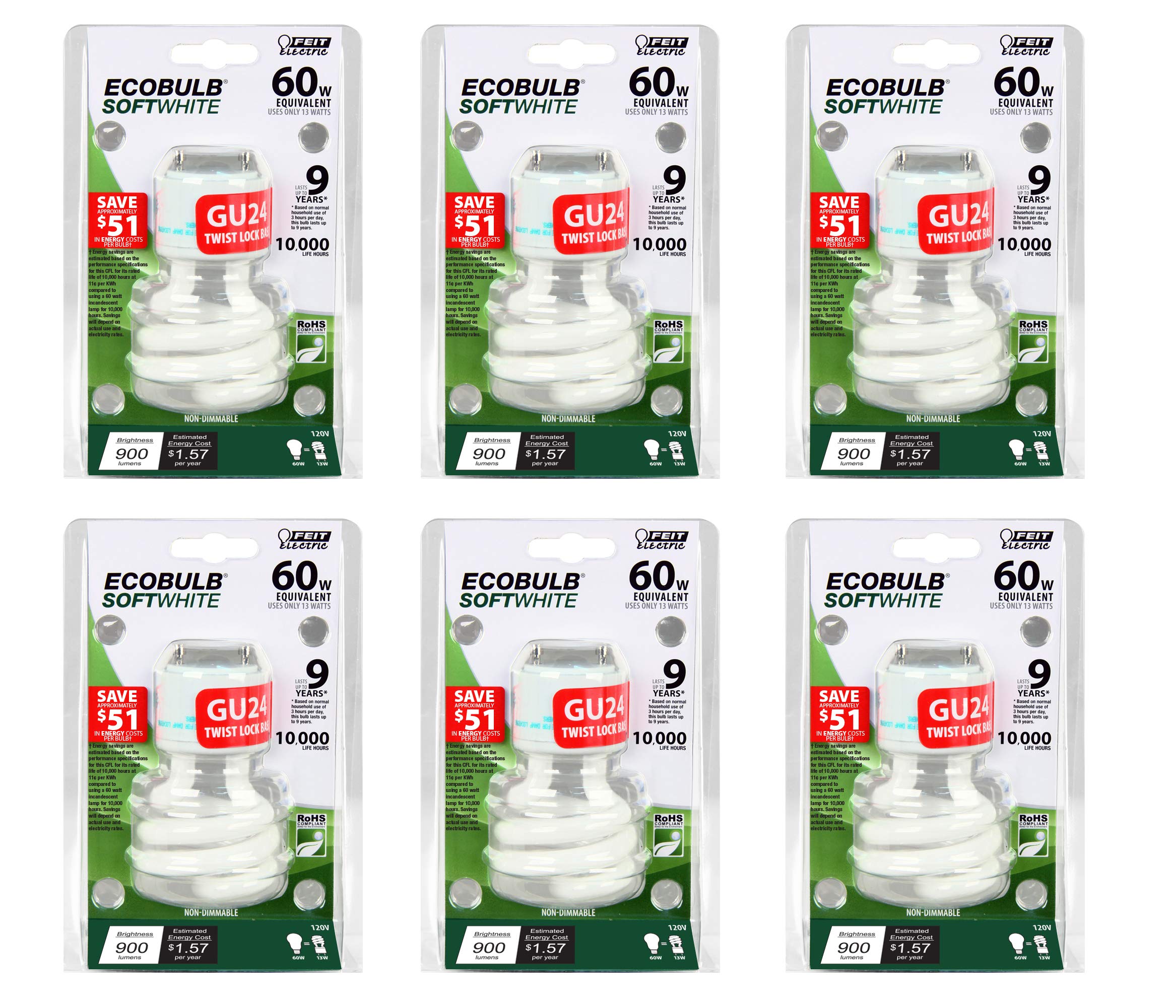 Feit BPESL13T/GU24 60W Equivalent CFL Twist GU24 Base Bulb (Pack of 6), Soft White