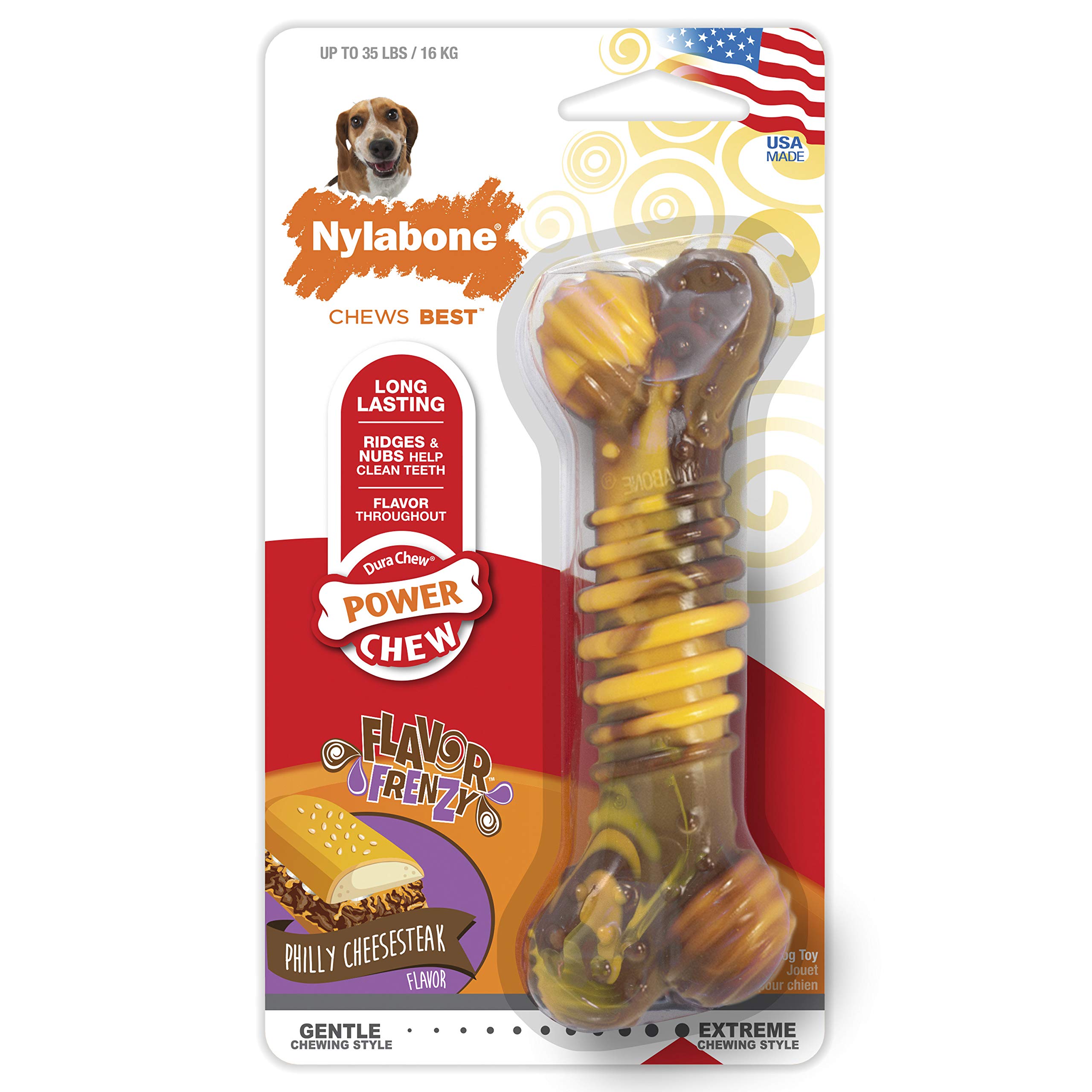 Nylabone Power Chew Flavor Frenzy Dental Bone Chew Toy for Dogs, Indestructible Chew Toys for Aggressive Chewers, Philly Cheesesteak Flavor, Medium/Wolf - Up to 35 lbs. (1 Count)