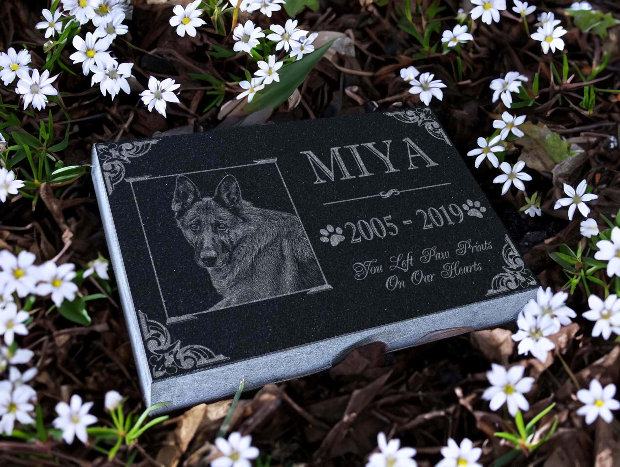 You Left Paw Prints on Our Hearts Pet Memorial Stones Personalized Headstone Grave Marker Absolute Black Granite Garden Plaque Engraved with Dog Cat Name Dates