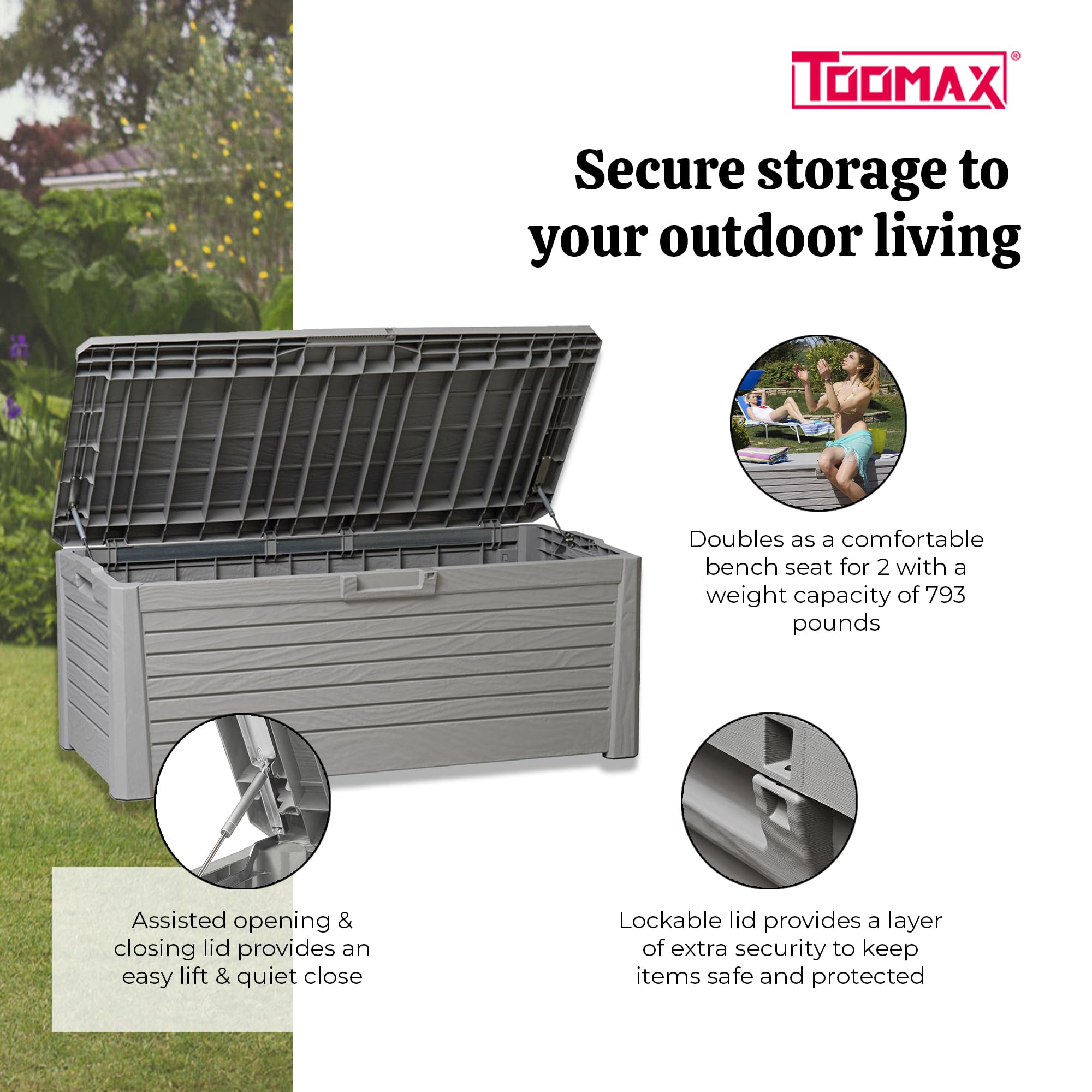 Toomax Florida 145 Gallon Lockable Deck Storage Box Bench for Outdoor Pool Patio Garden Furniture or Indoor Toy Bin Container, Warm Grey