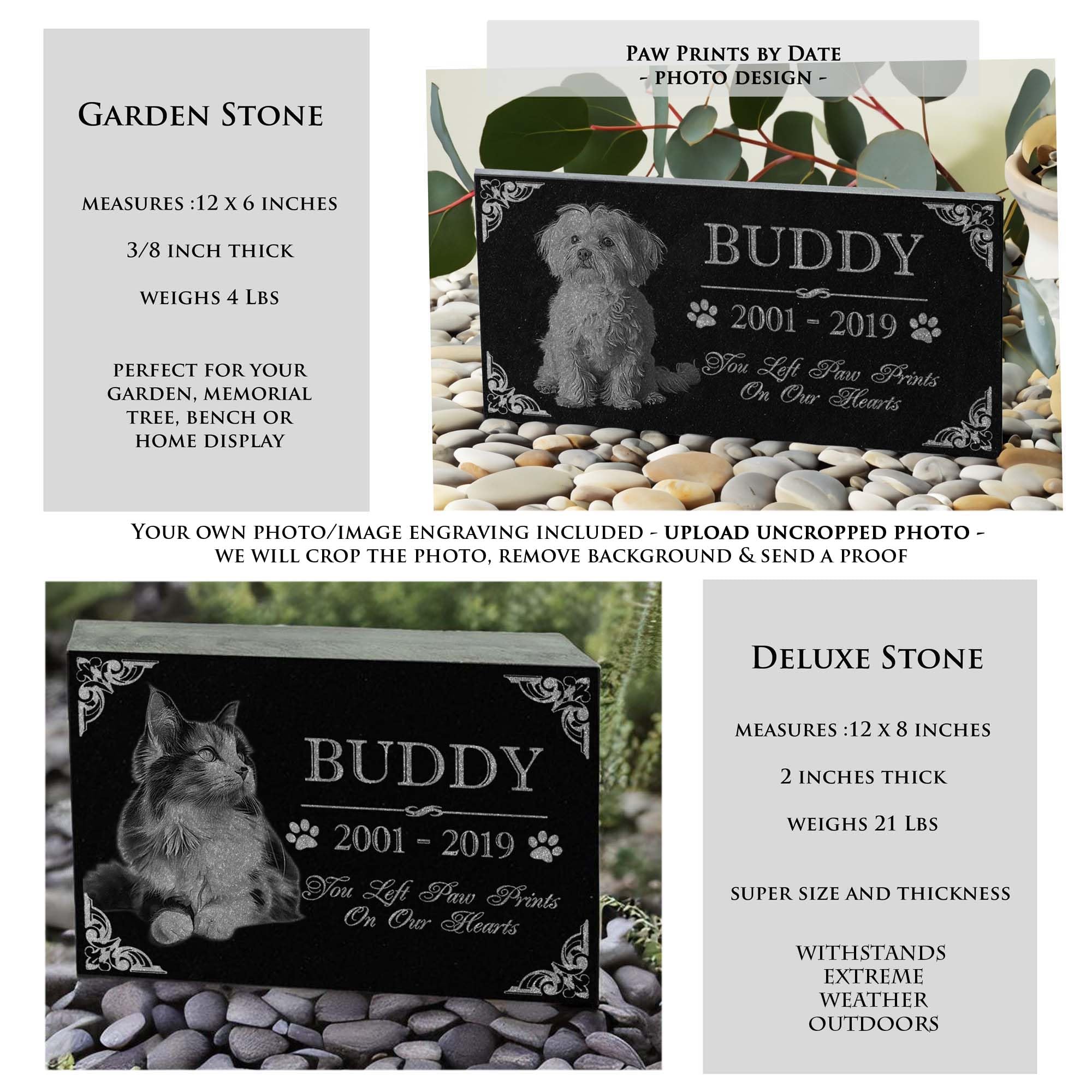 You Left Paw Prints on Our Hearts Pet Memorial Stones Personalized Headstone Grave Marker Absolute Black Granite Garden Plaque Engraved with Dog Cat Name Dates