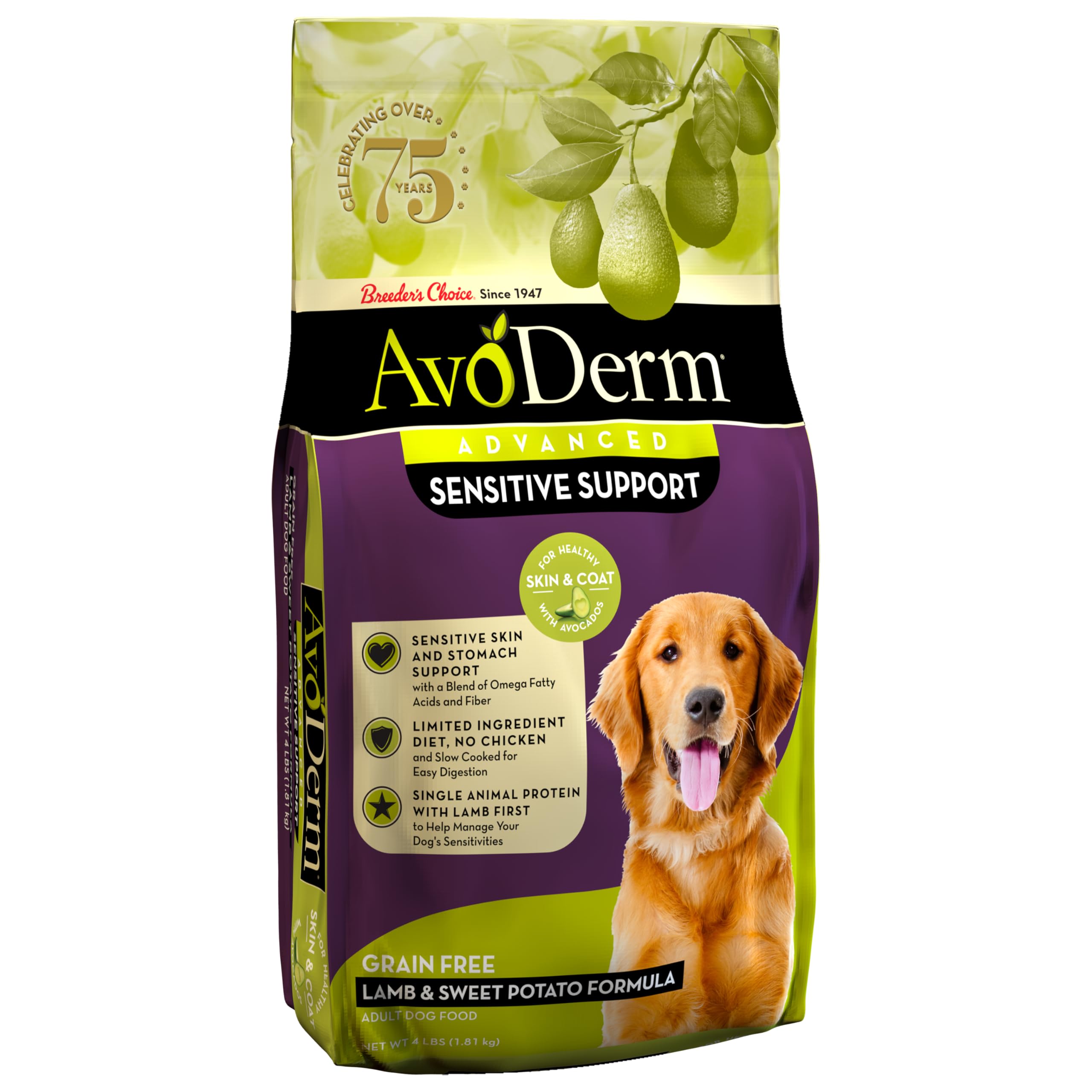 AvoDerm Advanced Sensitive Support Grain-Free Lamb & Sweet Potato Formula Dry Dog Food, Sensitive Stomach, 4lb