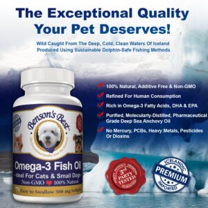 Benson's Best Omega 3 Fish Oil for Cats & Small Dogs - 200 Softgels 500mg - 43% More Omega 3 Fatty Acids Than Salmon Oil - 100% Pure, Non-GMO, Natural Pet Food Dog Fish Oil Supplements