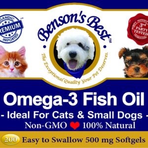 Benson's Best Omega 3 Fish Oil for Cats & Small Dogs - 200 Softgels 500mg - 43% More Omega 3 Fatty Acids Than Salmon Oil - 100% Pure, Non-GMO, Natural Pet Food Dog Fish Oil Supplements