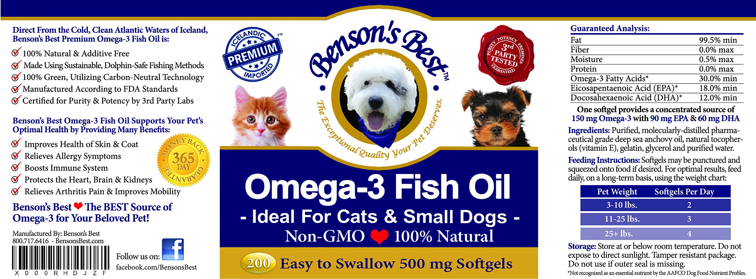 Benson's Best Omega 3 Fish Oil for Cats & Small Dogs - 200 Softgels 500mg - 43% More Omega 3 Fatty Acids Than Salmon Oil - 100% Pure, Non-GMO, Natural Pet Food Dog Fish Oil Supplements