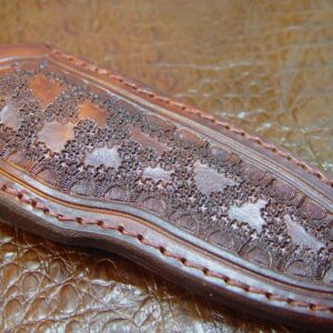 by Carl Thomas Jr. Custom Leather Knife Sheath That Fits a Buck 692 Vanguard or Zipper. Tooled and Dyed Dark Brown.