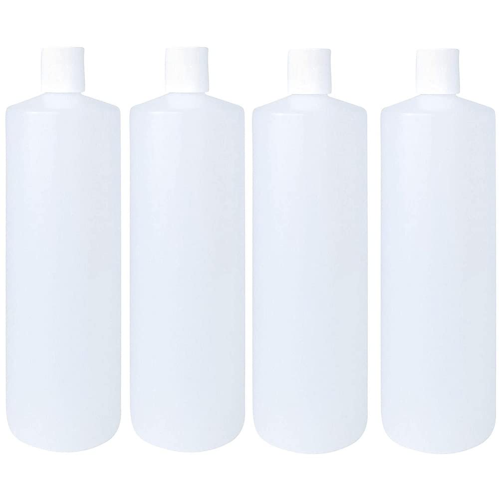 4-32 Oz HDPE Plastic Bottles with white smooth disc top cap (4 Count) Reusable