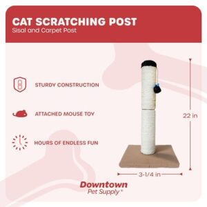 Downtown Pet Supply Small Cat Scratching Post with Mouse Cat Toy, 22" Tall - Tightly Woven Sisal Rope Cat Scratch Post for Indoor Cats with Stable 11" x 11" Base