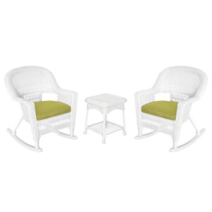 jeco 3 piece rocker wicker chair set with with green cushion, white