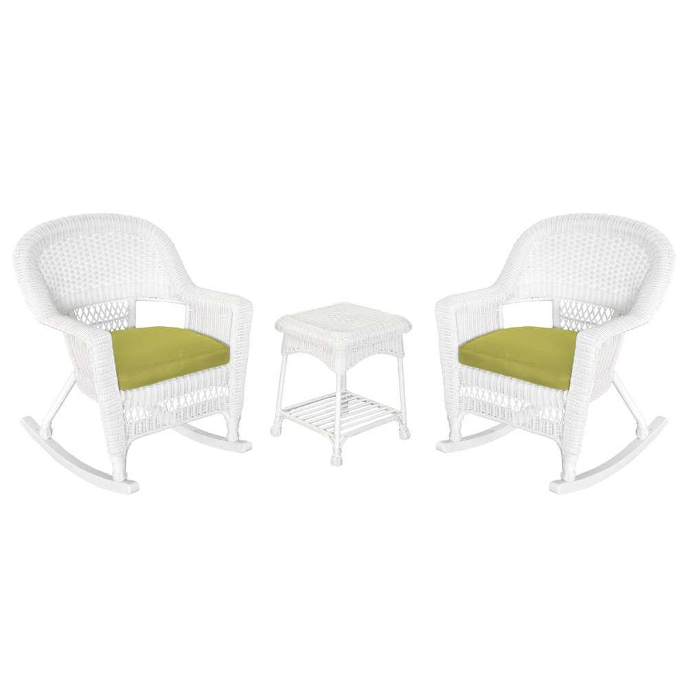 Jeco 3 Piece Rocker Wicker Chair Set With With Green Cushion, White