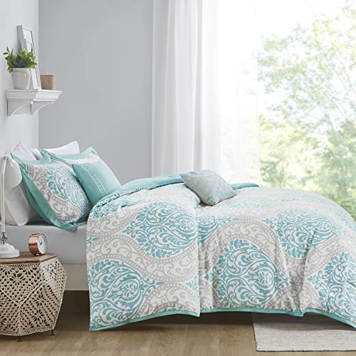 Intelligent Design Senna Comforter Set Twin/Twin XL Size - Aqua Blue/Gray, Damask – 4 Piece Bed Sets – All Season Ultra Soft Microfiber Teen Bedding - Great For Dorm Room and Girls Bedroom