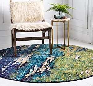 Unique Loom Estrella Collection Distressed, Landscape, Abstract, Modern, Earth Tones Area Rug (8' 0 x 8' 0 Round, Navy Blue/Green)