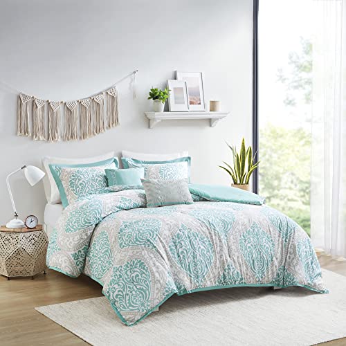 Intelligent Design Senna Comforter Set Twin/Twin XL Size - Aqua Blue/Gray, Damask – 4 Piece Bed Sets – All Season Ultra Soft Microfiber Teen Bedding - Great For Dorm Room and Girls Bedroom