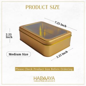 hadaaya Gold Rectangular Tin Container With Clear Lid, Single Piece Christmas Cookie Tin, Festive Tin for Gift Giving & Holiday Treats - Multipurpose Use Medium Size Tin Container