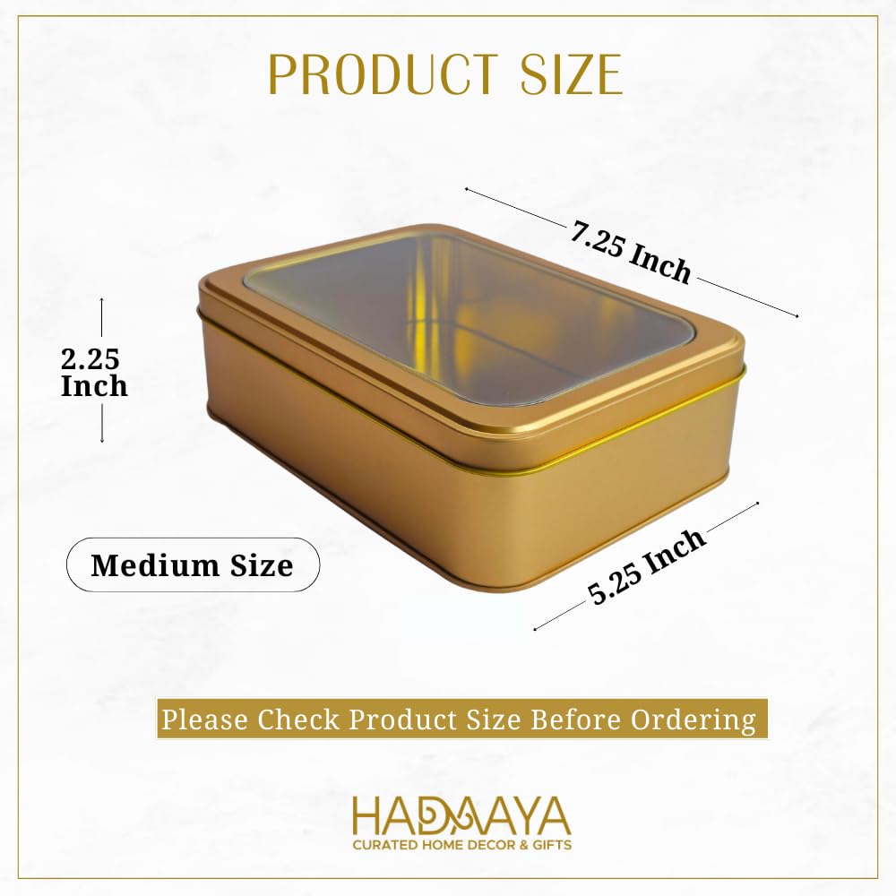 hadaaya Gold Rectangular Tin Container With Clear Lid, Single Piece Christmas Cookie Tin, Festive Tin for Gift Giving & Holiday Treats - Multipurpose Use Medium Size Tin Container