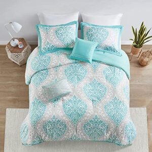 Intelligent Design Senna Comforter Set Twin/Twin XL Size - Aqua Blue/Gray, Damask – 4 Piece Bed Sets – All Season Ultra Soft Microfiber Teen Bedding - Great For Dorm Room and Girls Bedroom