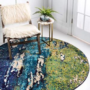 Unique Loom Estrella Collection Distressed, Landscape, Abstract, Modern, Earth Tones Area Rug (8' 0 x 8' 0 Round, Navy Blue/Green)