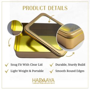 hadaaya Gold Rectangular Tin Container With Clear Lid, Single Piece Christmas Cookie Tin, Festive Tin for Gift Giving & Holiday Treats - Multipurpose Use Medium Size Tin Container