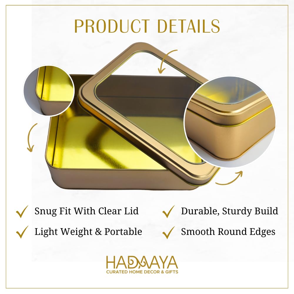 hadaaya Gold Rectangular Tin Container With Clear Lid, Single Piece Christmas Cookie Tin, Festive Tin for Gift Giving & Holiday Treats - Multipurpose Use Medium Size Tin Container