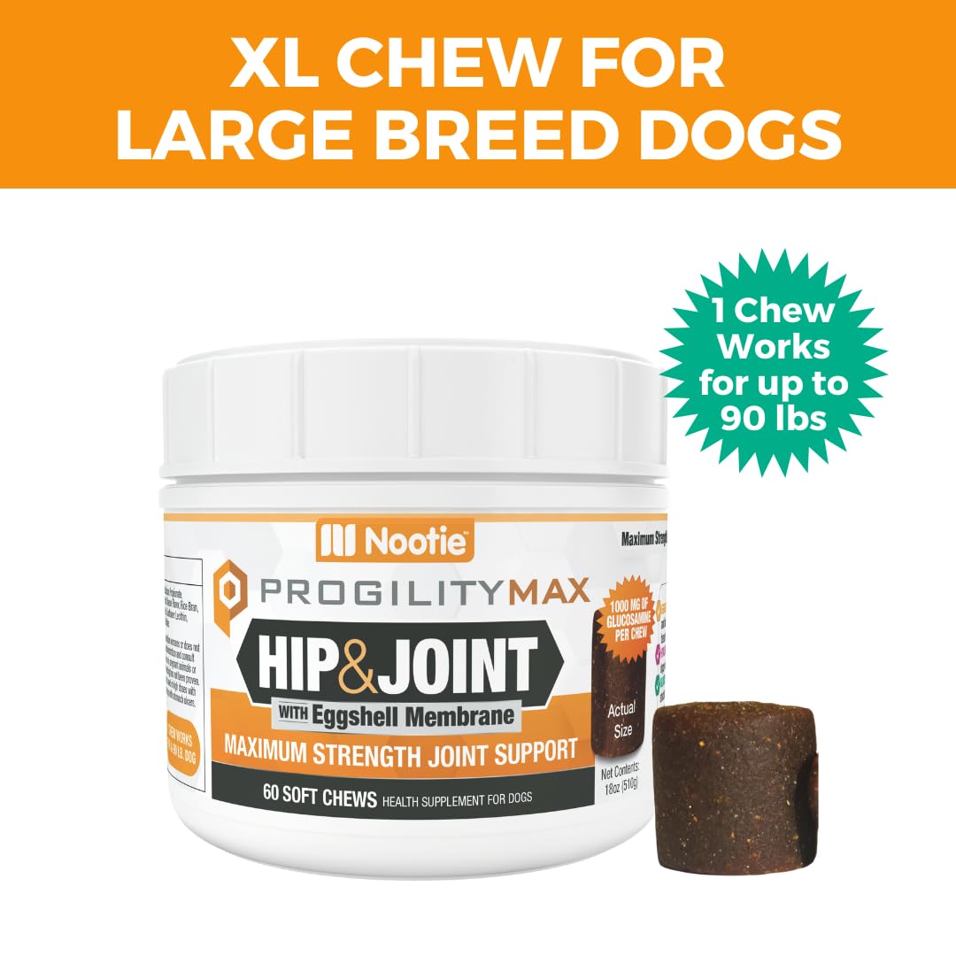 Nootie ProgilityMAX Hip & Joint Supplement for Large Dogs, Maximum Strength Dog Joint Support with Eggshell Membrane, Glucosamine and Chondroitin, 60 Count